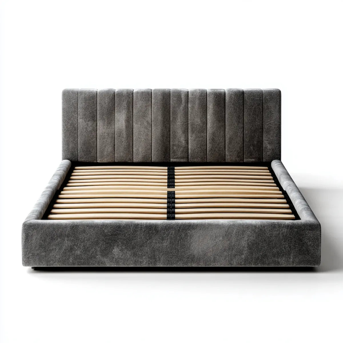 Cadre de lit double gris 160 x 200 cm en velours de polyester avec sommier à lattes et tête de lit capitonnée rectangulaire