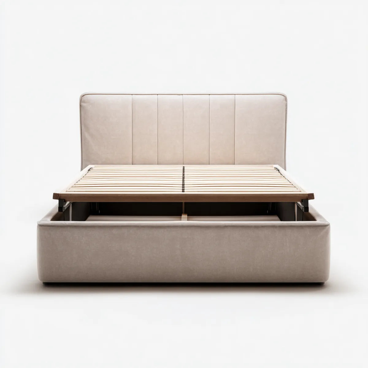 Lit coffre 160 x 200 cm beige en velours de polyester avec tête de lit rectangulaire et sommier relevable