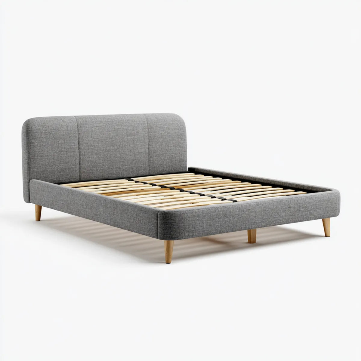 Lit double avec sommier à lattes gris 160 x 200 cm en polyester et bois massif forme rectangulaire