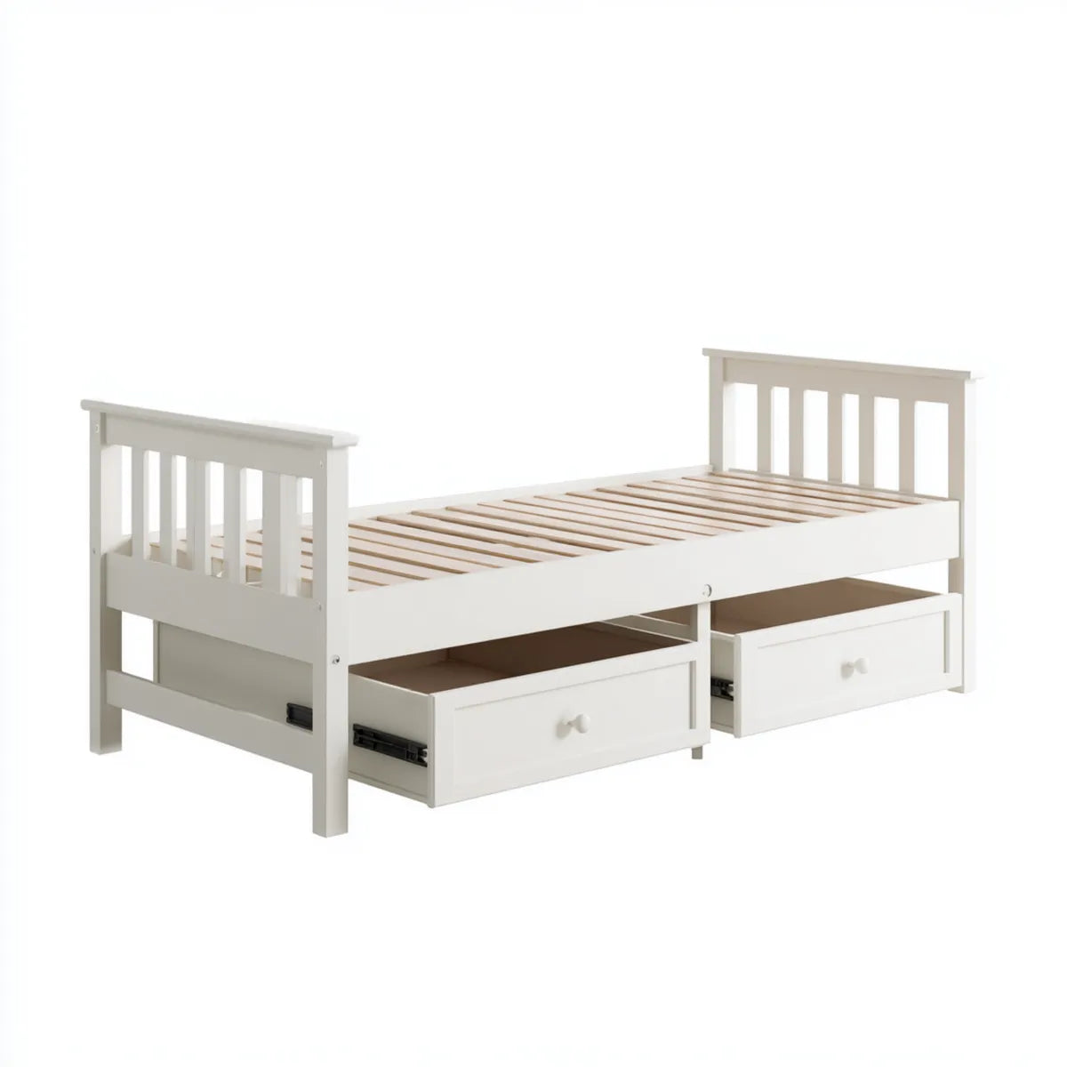Lit simple avec 2 tiroirs blanc 90 x 190 cm en pin massif et MDF rectangulaire