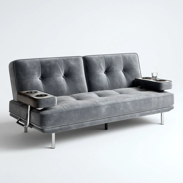 Canapé convertible 3 places gris en similicuir PU avec porte-gobelets 180 x 85 x 85 cm